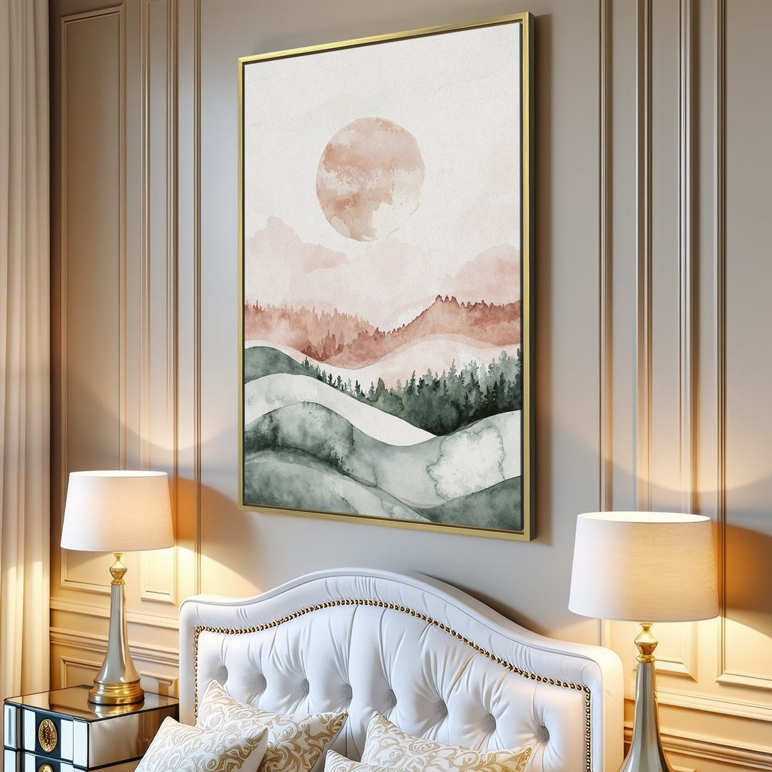 Canvas Print of a watercolor landscape in a modern interior. Features a muted color palette with earthy tones and soft greens. Perfect wall art!