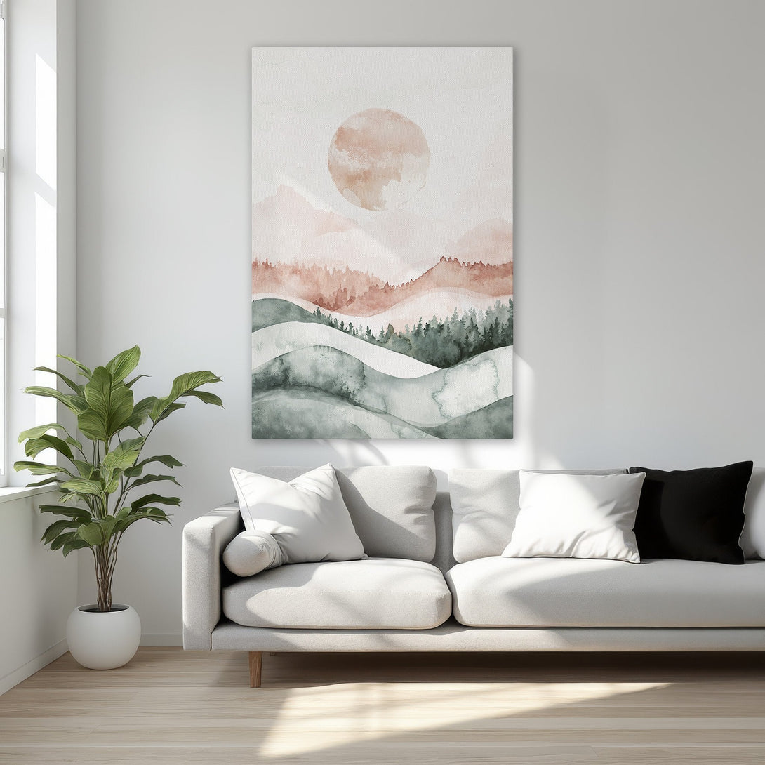 Framed Wall Art: Watercolor landscape in muted earth tones. Add a touch of serenity to your space with this beautiful canvas print.
