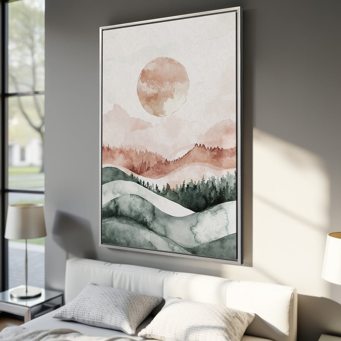 Framed Wall Art: Watercolor landscape Canvas Print in earthy tones. Modern art with a sunset and rolling hills in a bedroom setting.