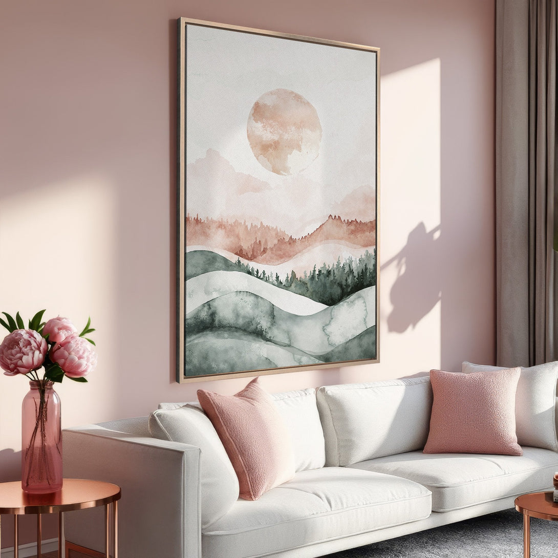 Framed Wall Art: Watercolor landscape Canvas Print in a serene interior. Features a soft, muted color palette of blush pinks, greens, and warm earth tones.