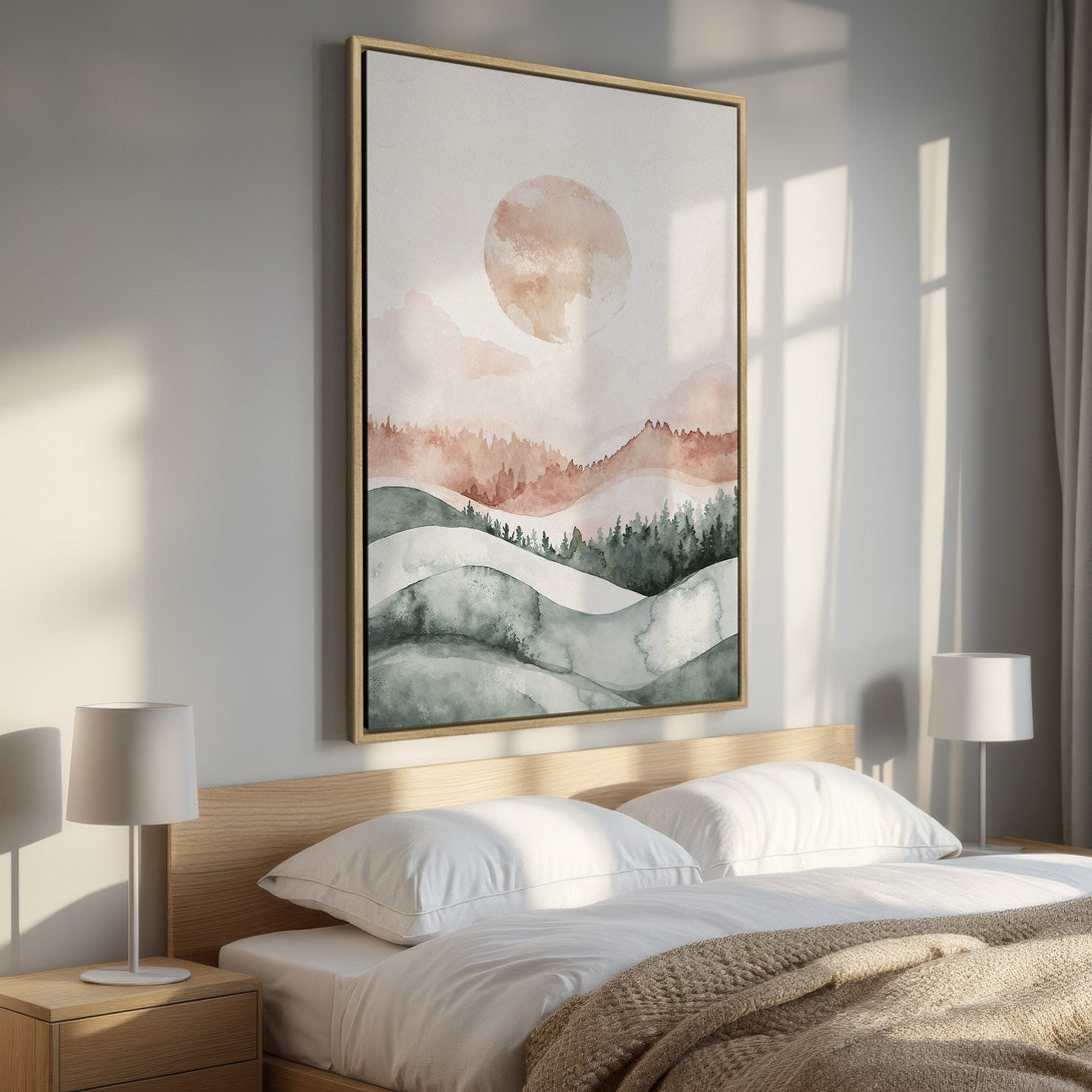 Framed Wall Art: Watercolor landscape print in a bedroom. Features a warm, earthy color palette with shades of green, peach, and brown. Perfect for adding a serene touch.