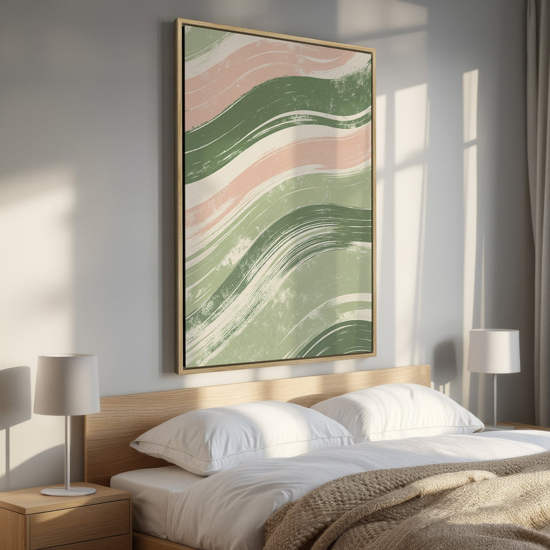 Framed Wall Art: Abstract brushstroke design in green and pink hues. Modern canvas print adds a touch of art to any bedroom decor.