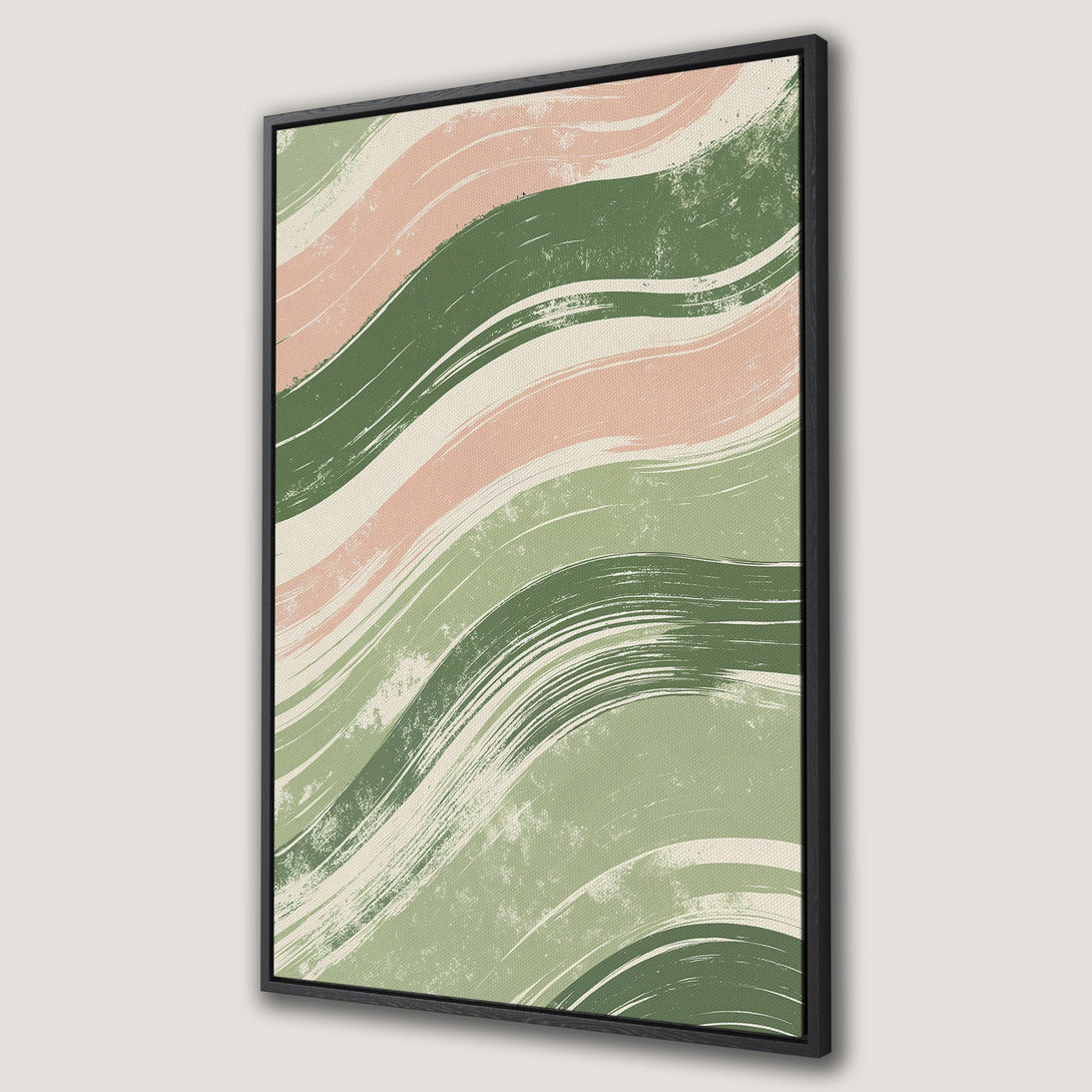 Framed Wall Art featuring abstract brushstrokes in green and pink hues. Modern canvas print perfect for adding a touch of art to your home decor.