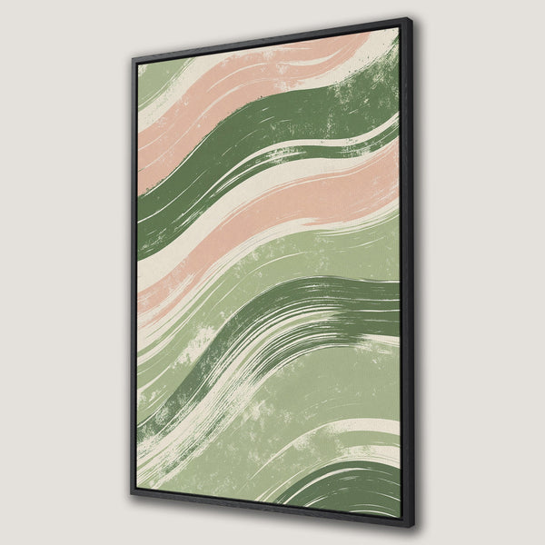 Framed Wall Art featuring abstract brushstrokes in green and pink hues. Modern canvas print perfect for adding a touch of art to your home decor.