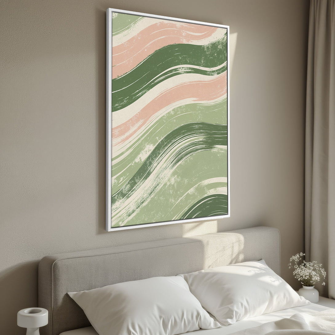 Framed Wall Art: Abstract brushstroke design in green, pink, and beige. Modern art for bedroom decor. Enhance your space with this stylish canvas print.