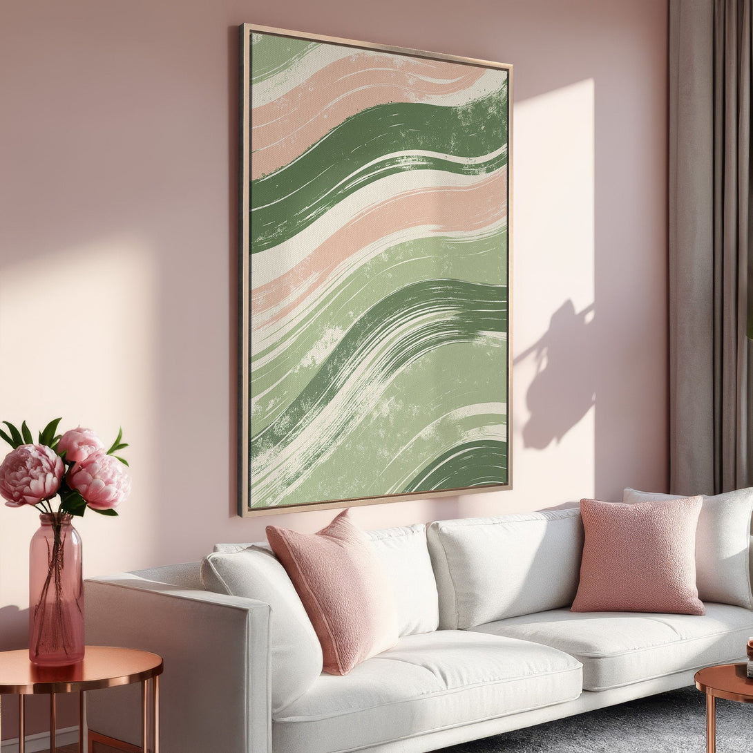 Framed Wall Art: Abstract brushstroke design in green, pink, and cream. Modern art canvas print adds a pop of color to any living space.