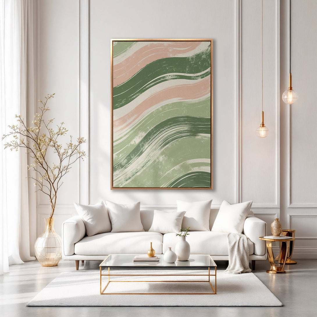 Framed Wall Art featuring abstract brushstroke design in green and blush tones. Modern art for living room decor.