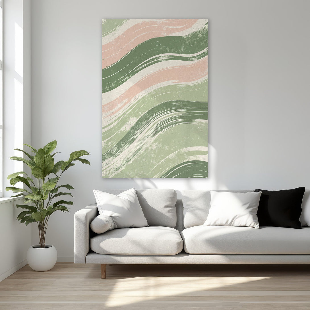 Framed Wall Art: Abstract brushstroke design in green & pink. Modern Canvas Print adds a touch of elegance to any bedroom decor. Shop now!