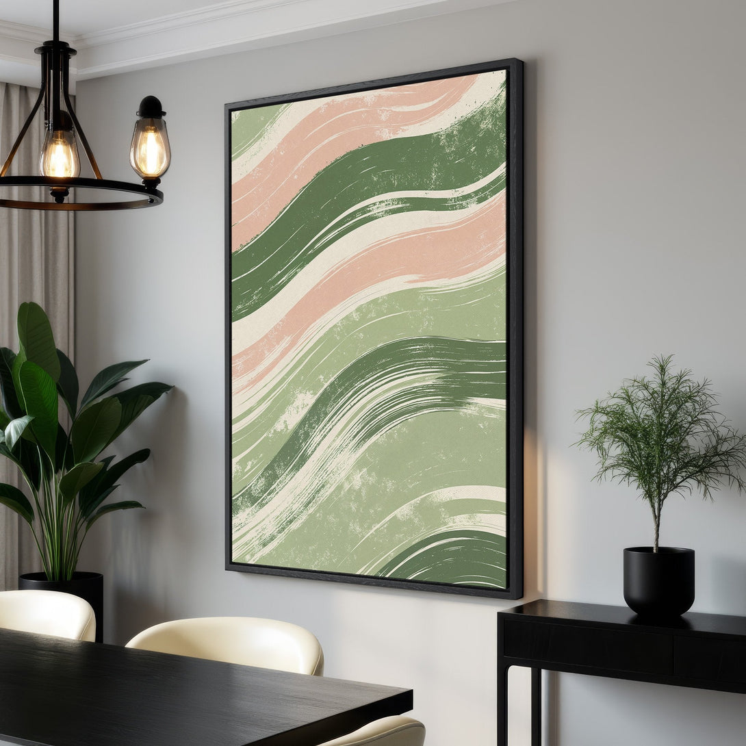 Framed Wall Art: Abstract brushstroke design in green and blush tones. Modern canvas print perfect for adding a touch of art to your home decor.