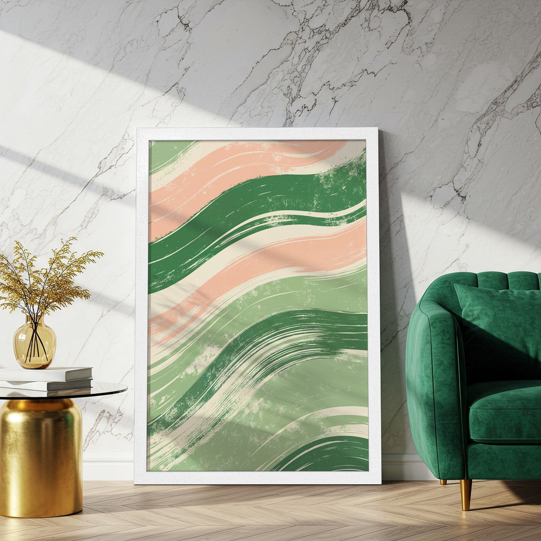 Framed Poster with abstract brushstroke design in green & peach tones. Modern art print for stylish home decor.