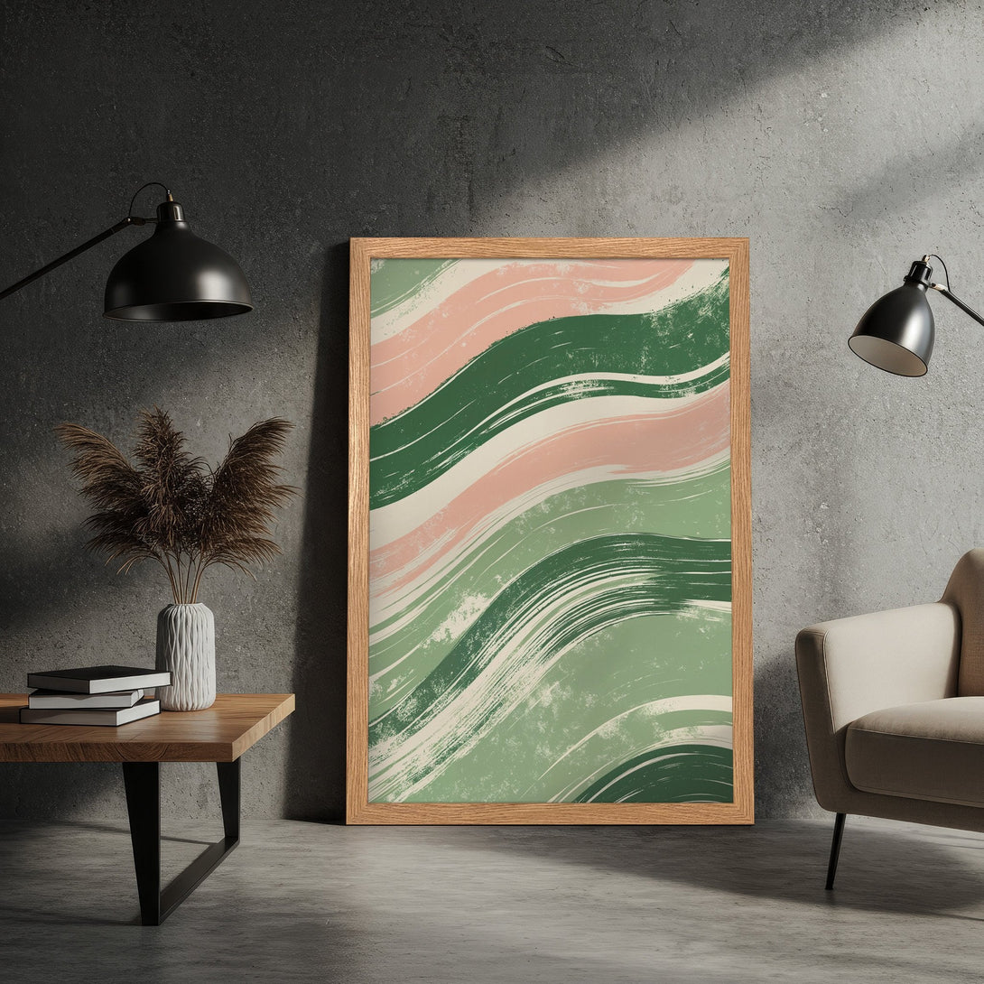 Framed Poster featuring abstract brushstroke art in green, pink, and cream. Modern style artwork for home decor.