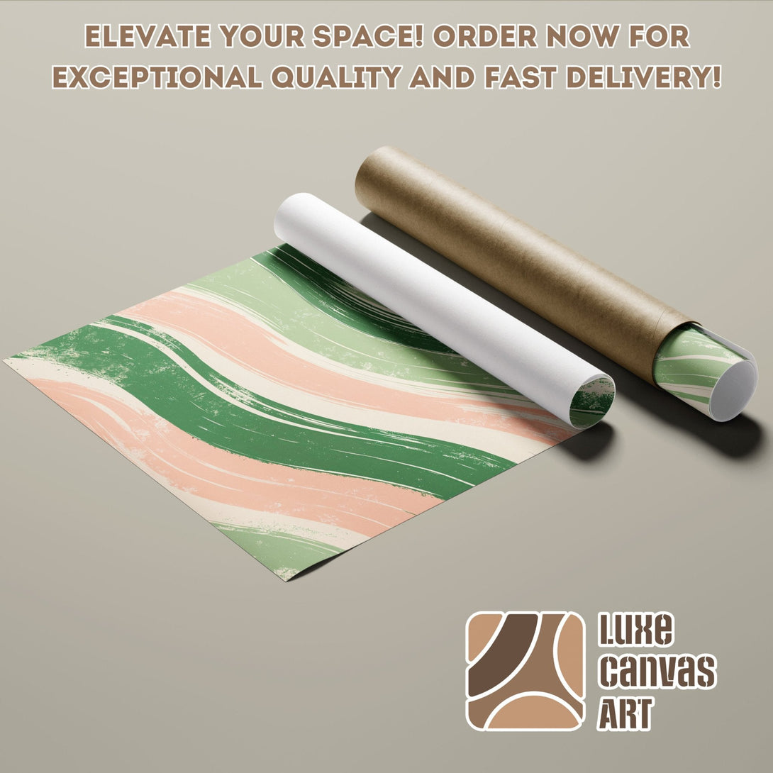 Abstract art poster roll with green, pink, and beige brushstrokes. Elevate your space with this stylish poster! Order now for fast delivery.