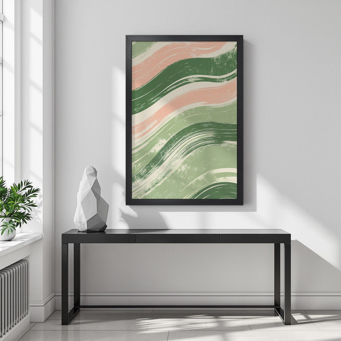 Framed Poster with abstract brushstroke design in green, pink, and beige. Modern art for your home!