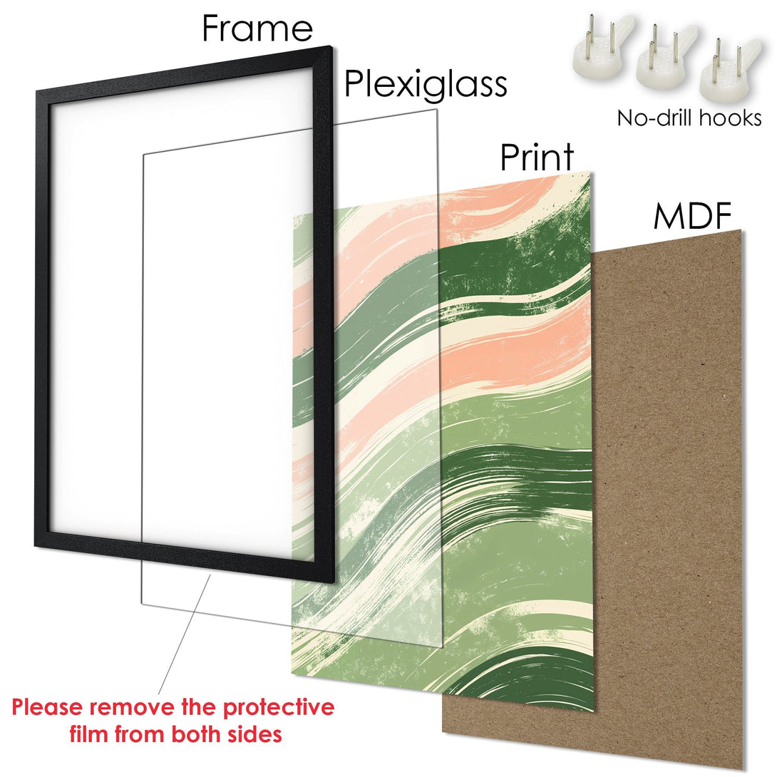 Framed Poster with abstract brushstroke design in green, peach, and cream color palette. Modern art for your home!
