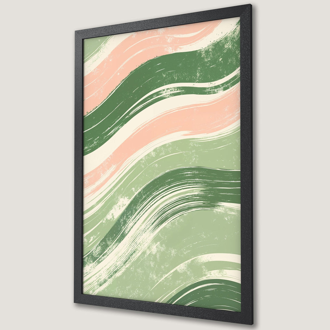 Framed Poster featuring abstract brushstroke design in green, pink, and cream. Modern art for your home.