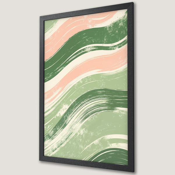 Framed Poster featuring abstract brushstroke design in green, pink, and cream. Modern art for your home.