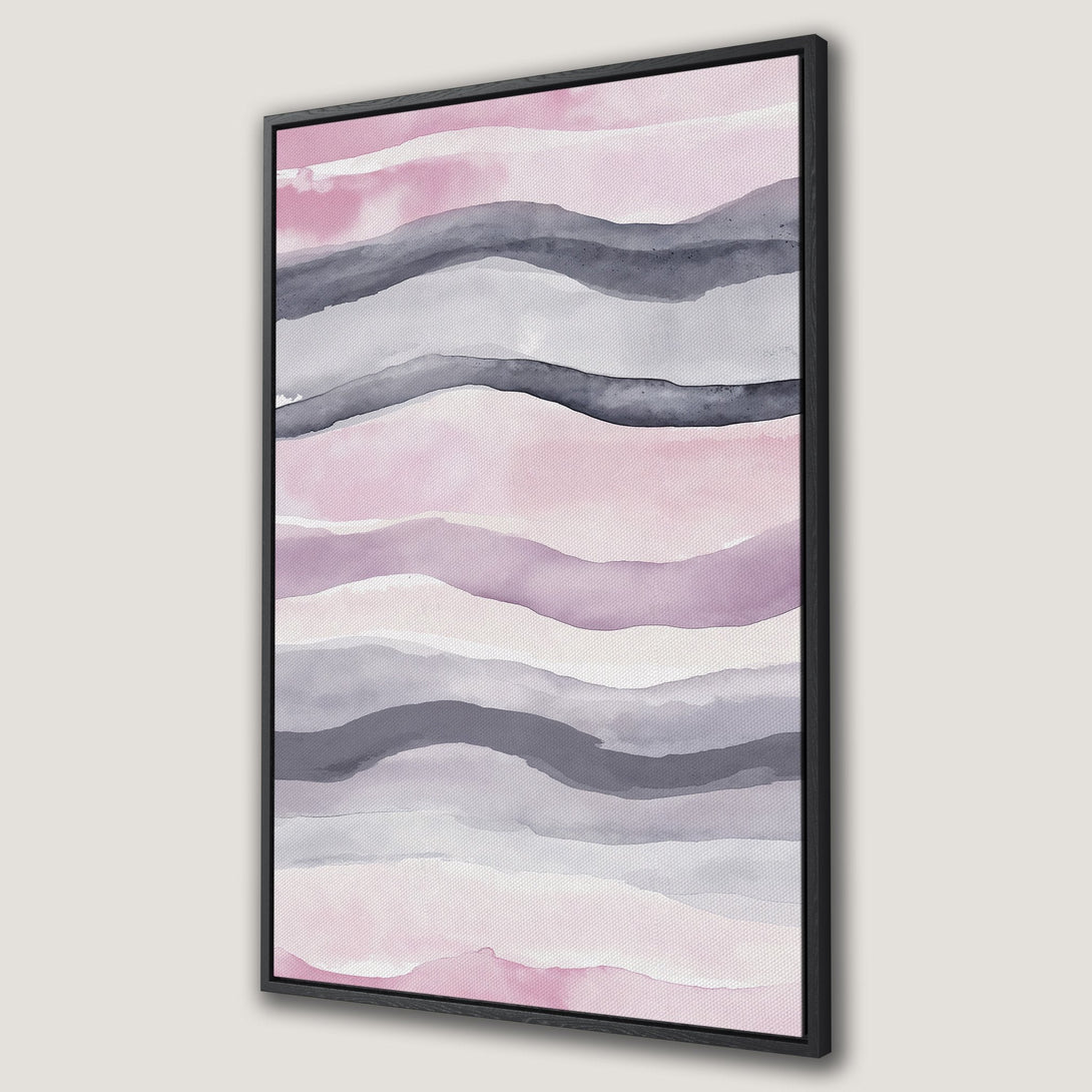 Framed Wall Art featuring an abstract watercolor landscape in shades of pink, gray, and lavender. Modern art for your home decor.
