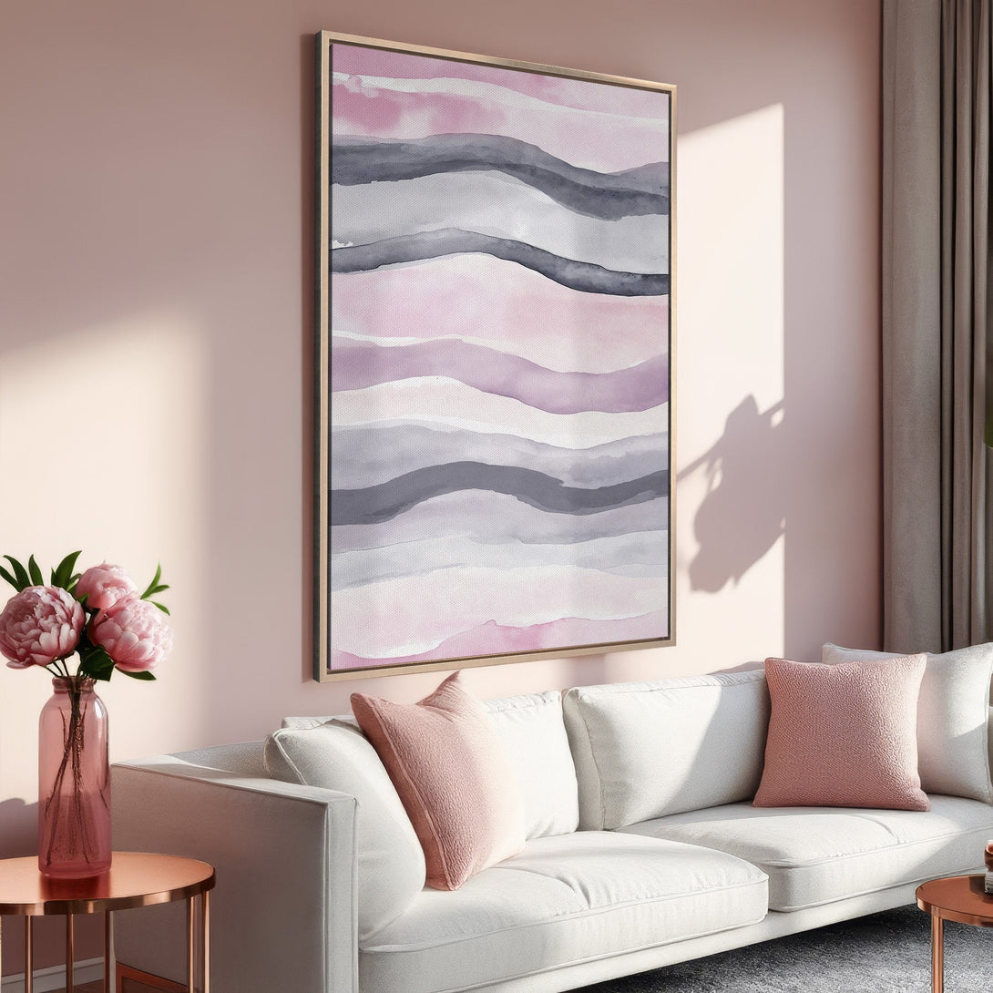 Framed Wall Art: Abstract watercolor waves in pink & gray. Modern art for a serene living room. Shop this beautiful canvas print today!