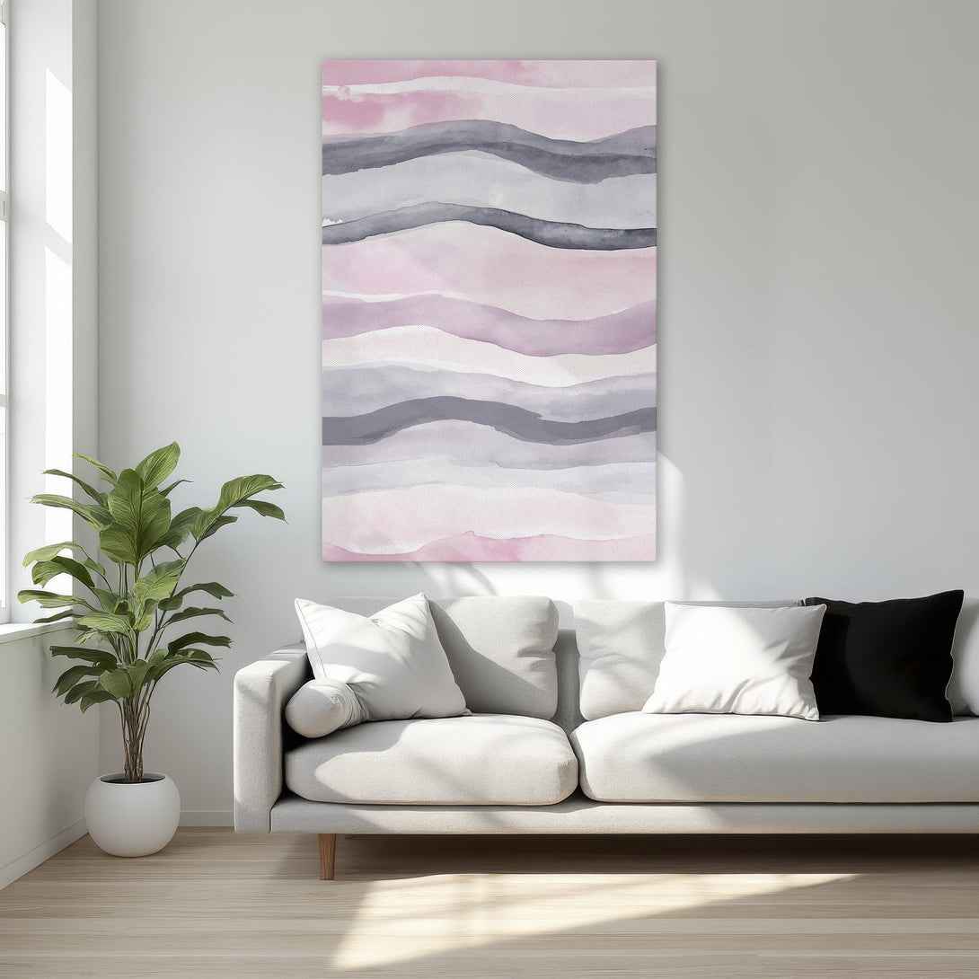 Framed Wall Art featuring abstract watercolor waves in pink, gray, and lavender. Perfect for adding a touch of elegance to your bedroom decor.