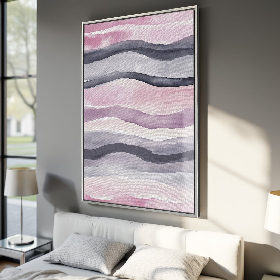 Framed Wall Art featuring abstract watercolor waves in pink, gray, and lavender. Modern art for bedroom decor. Shop Canvas Prints for your home!