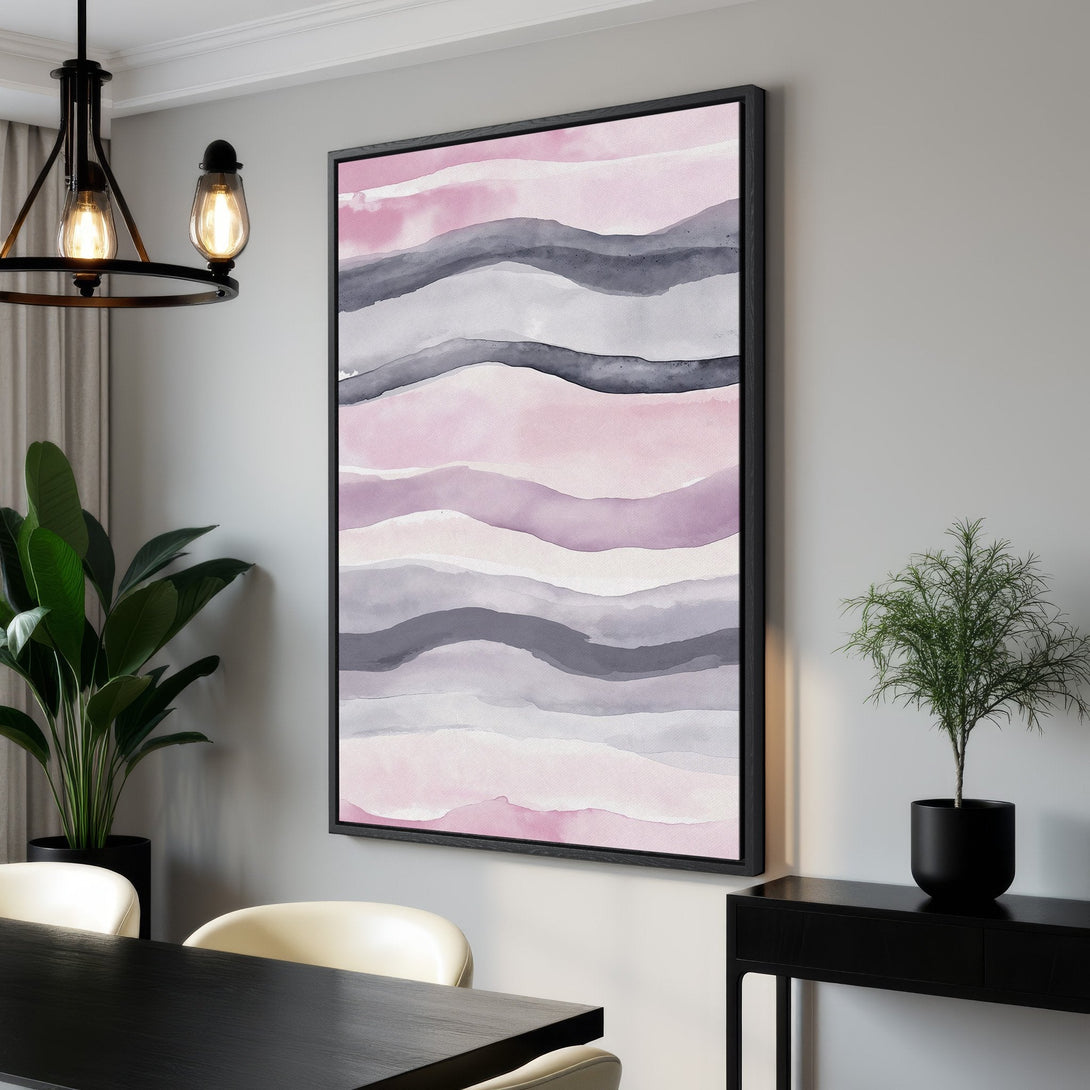 Framed Wall Art featuring an abstract watercolor design in a soft pink, gray, and purple palette. Modern art perfect for any interior.