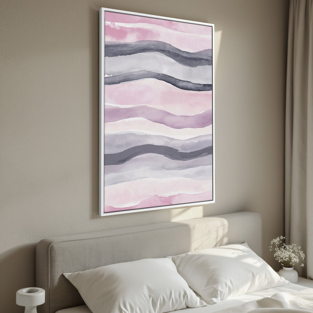 Framed Wall Art featuring abstract watercolor waves in pink, gray, and white. Modern art perfect for bedroom decor. Shop now!