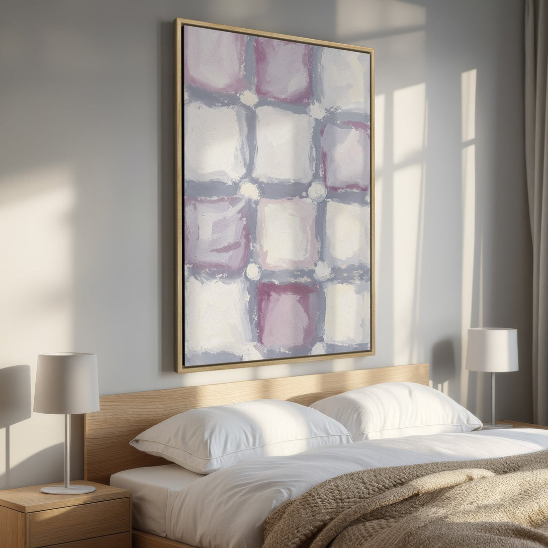 Framed Wall Art: Abstract painting in a bedroom with a soft, neutral color palette. Modern art for a calming interior.