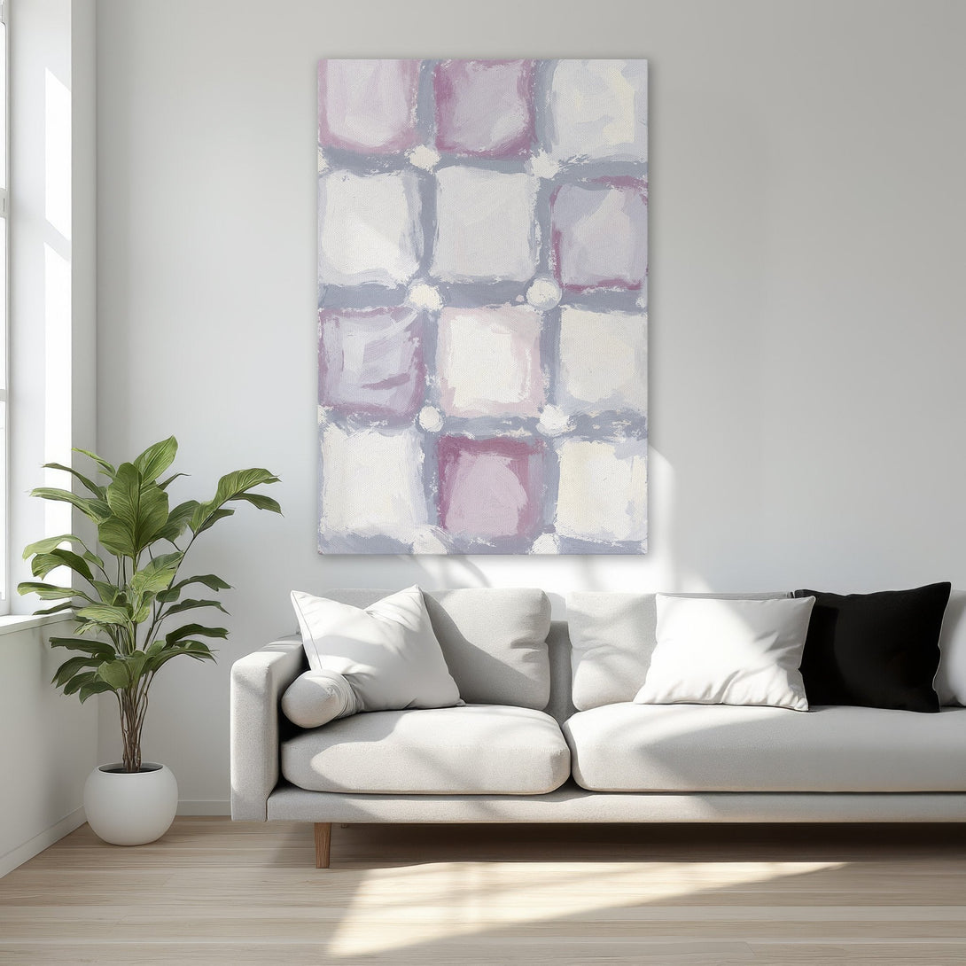 Framed Wall Art: Abstract canvas print in a bedroom. Features a grid-like design in soft pink, gray, and white. Perfect for adding a touch of elegance!