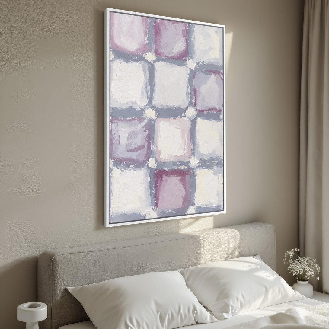 Framed Wall Art featuring an abstract grid pattern in a soft, muted color palette of lavender, white, and gray. Perfect for bedroom decor.