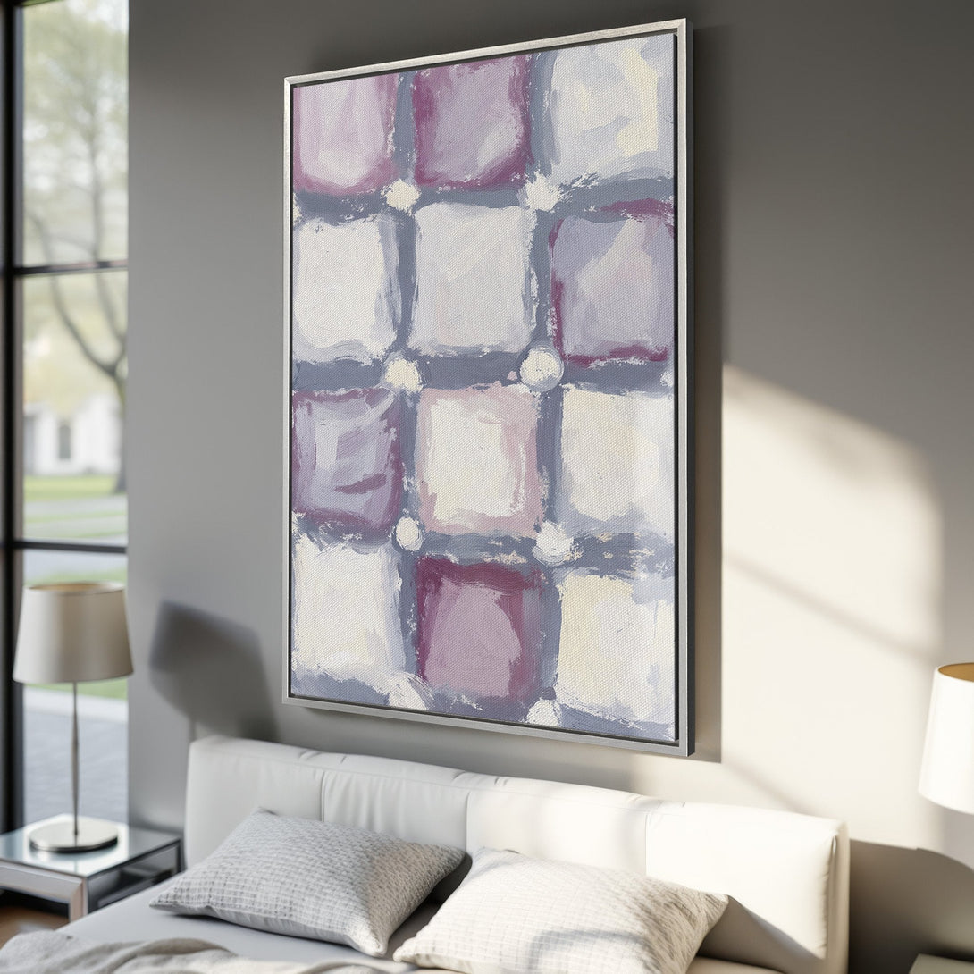 Framed Wall Art: Abstract painting in soft purple, white, and gray tones. Modern canvas print adds a touch of elegance to any bedroom decor. Shop now!