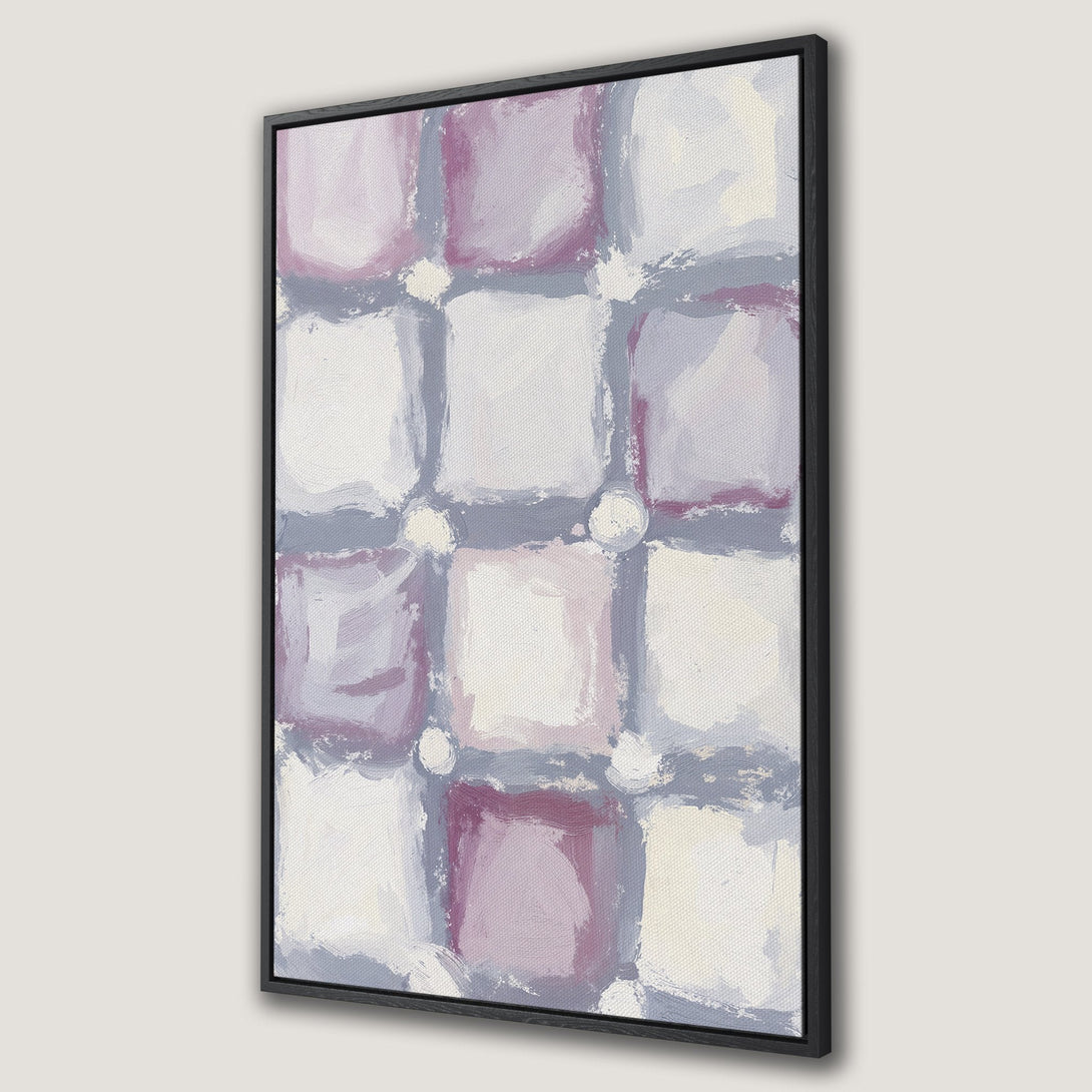 Framed Wall Art featuring an abstract grid design in a soft, muted color palette of pinks, grays, and whites. Perfect for modern home decor.