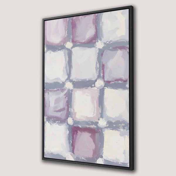 Framed Wall Art featuring an abstract grid design in a soft, muted color palette of pinks, grays, and whites. Perfect for modern home decor.