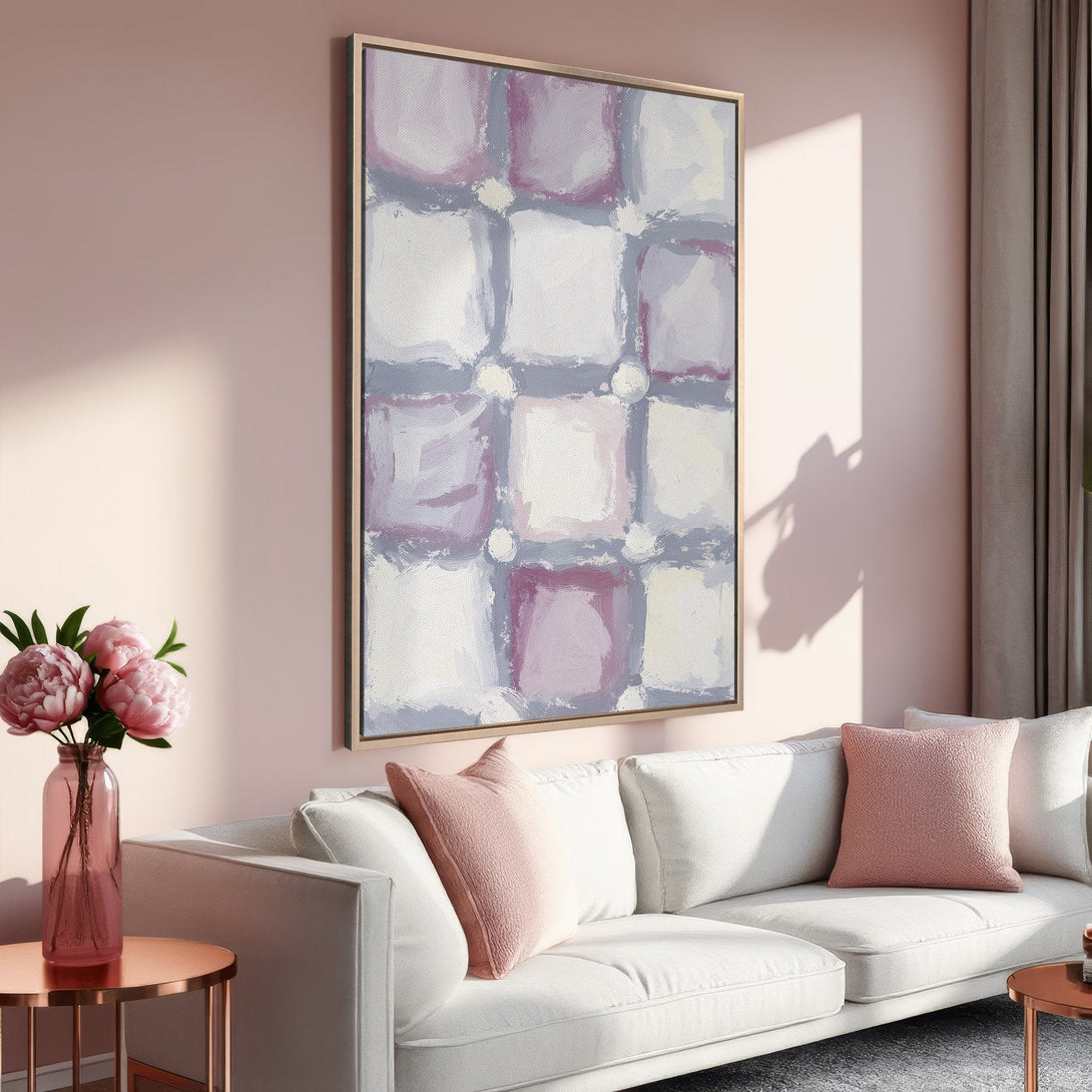 Framed Wall Art: Abstract painting in soft pink, gray, and white. Modern art for living room decor. Enhance your space with this stylish canvas print!