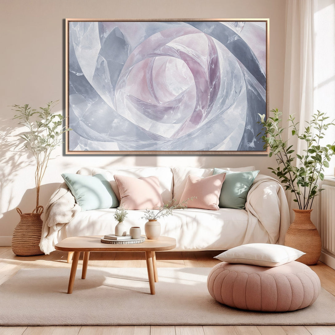 Framed Wall Art: Abstract swirl design in soft blue and pink tones. Modern canvas print adds a touch of elegance to any living room.