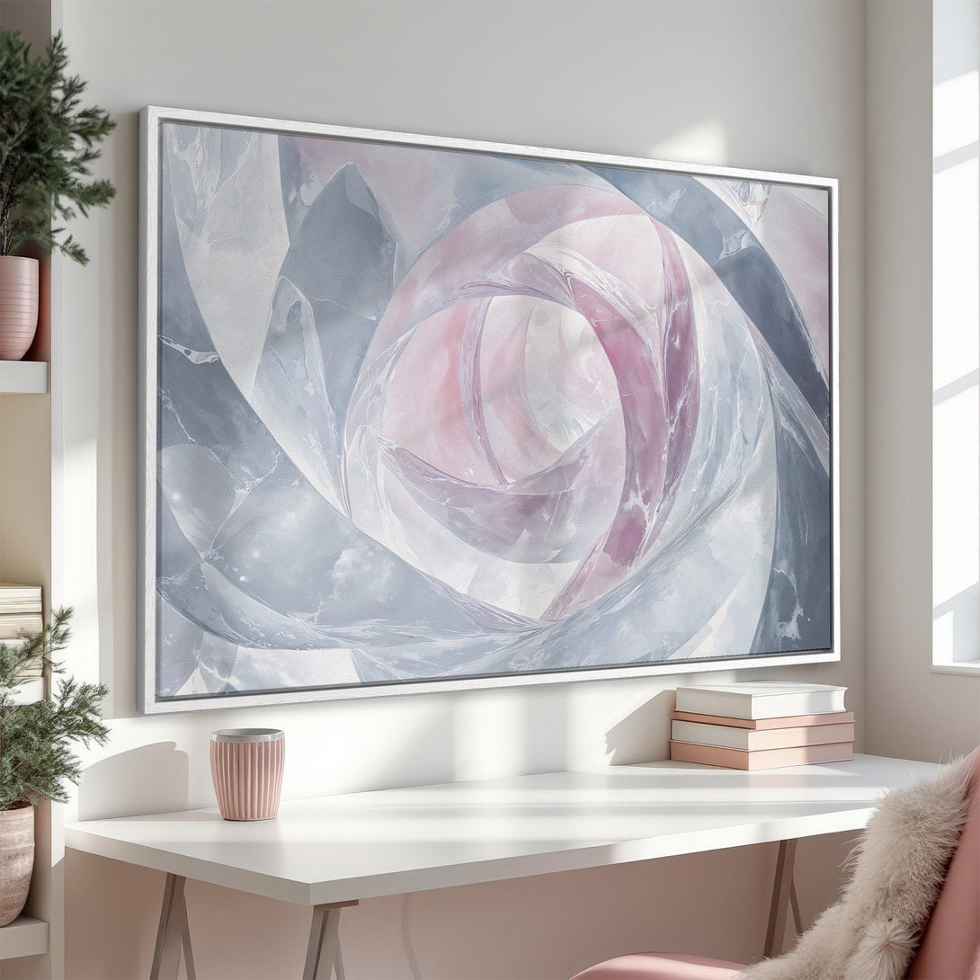 Framed Wall Art with abstract swirling design in soft pink and gray tones, perfect for modern home decor. Enhance your space with this elegant canvas print.
