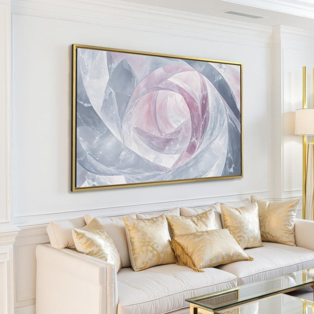 Abstract Canvas Print in a modern living room. Featuring a swirling design with a soft, muted gray and pink color palette. Perfect for contemporary decor.