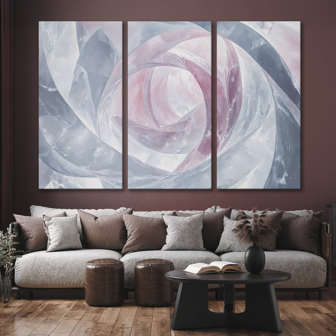 Abstract Canvas Print art in soft pink and blue tones, displayed in a modern living room. Elevate your space with this stylish wall decor!