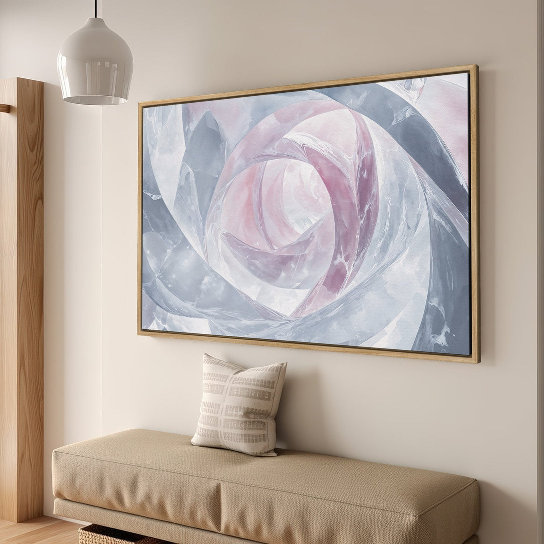 Framed Wall Art featuring an abstract, swirling design in soft pink and gray tones. Modern art for your home decor, perfect for any room.