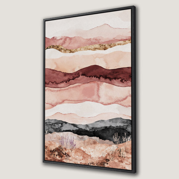 Framed Wall Art featuring abstract watercolor landscape in blush, terracotta, and gold tones. Modern art for a stylish home.