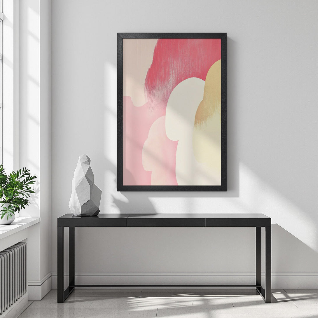 Framed Poster featuring abstract art in pink, cream, and gold hues. Modern style for your home decor.