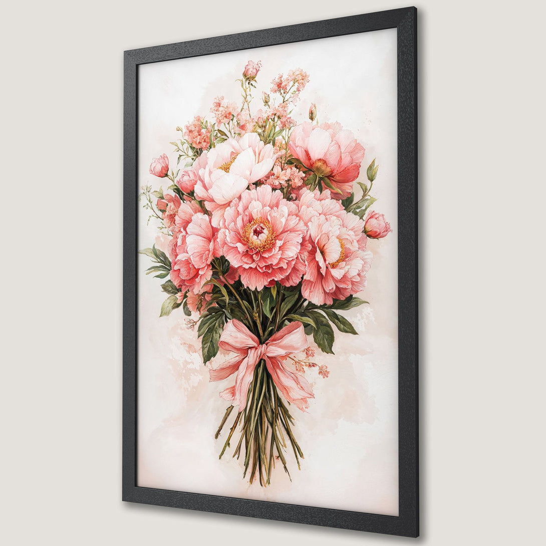 Framed Poster featuring a watercolor bouquet of pink peonies. Romantic floral art with a soft, pastel color palette. Perfect wall decor.