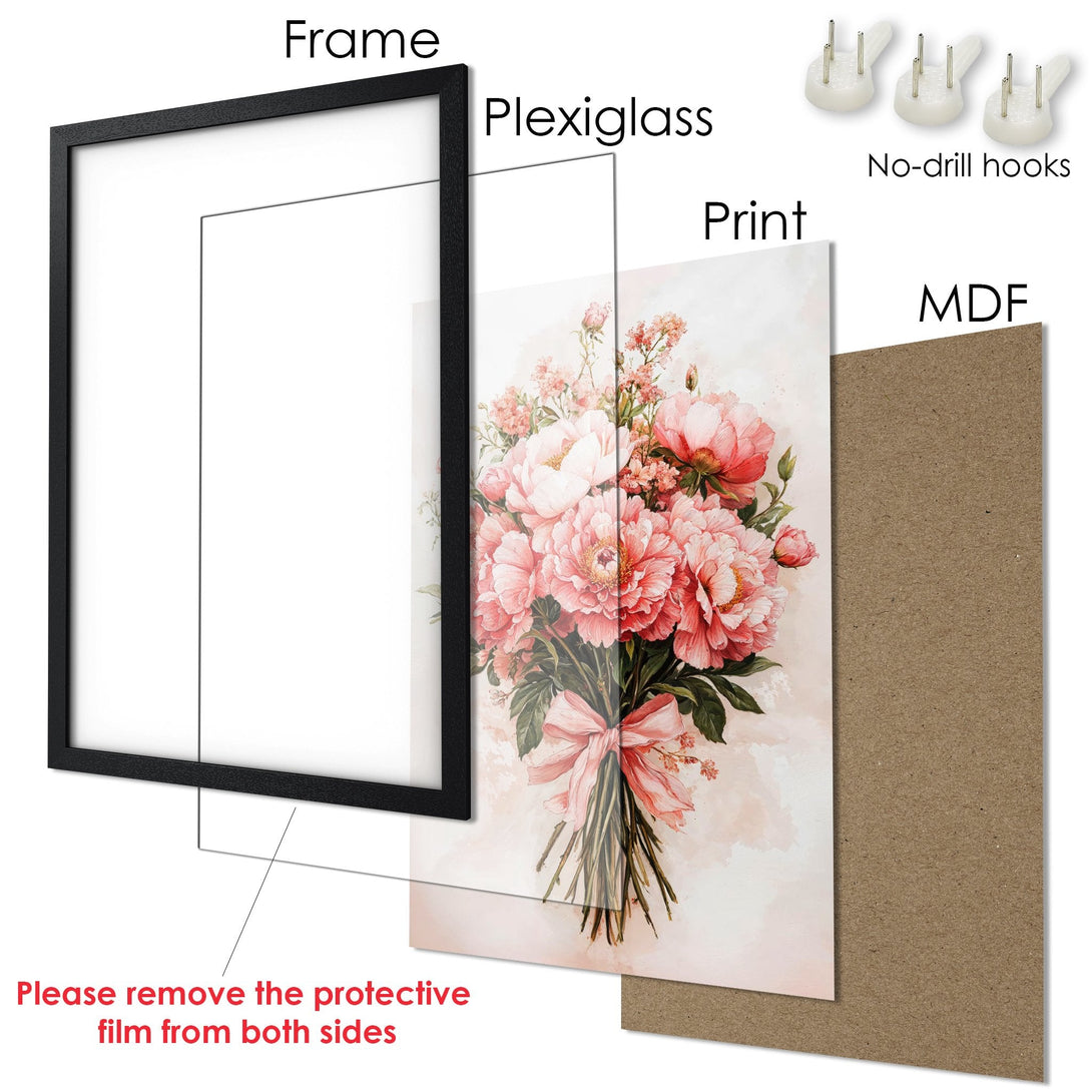 Framed Poster featuring a watercolor floral bouquet in pink tones. Elegant art for your home decor.