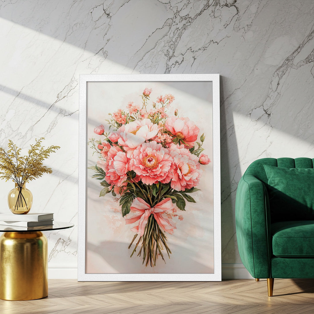 Framed Poster featuring a watercolor bouquet of pink peonies. Elegant floral art with a soft, romantic color palette. Perfect home decor!