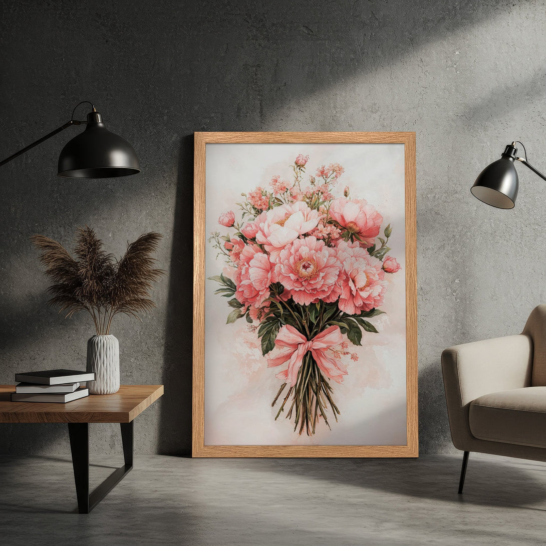 Framed Poster featuring a watercolor bouquet of pink peonies. Elegant floral art with a soft, romantic color palette. Perfect wall decor.