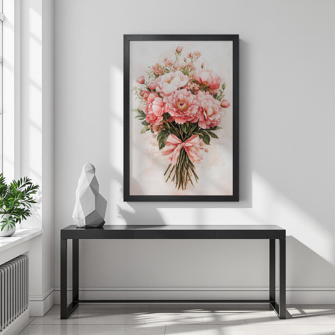 Framed Poster featuring a watercolor bouquet of pink peonies. Soft, romantic style with a blush and green color palette. Perfect wall art!