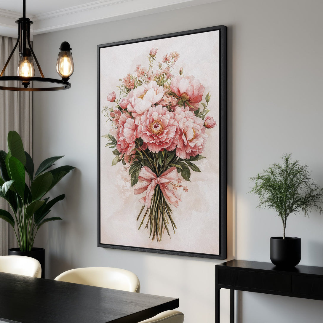 Framed Wall Art featuring a beautiful floral bouquet in soft pink hues. Enhance your home decor with this elegant canvas print!