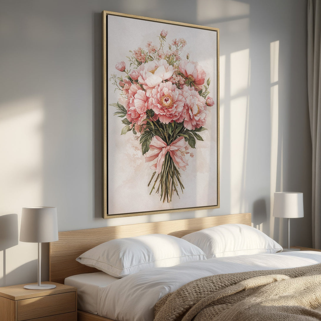Framed Wall Art: Watercolor peony bouquet in soft pinks & greens. Elegant floral art for bedroom decor. Adds a touch of romance and style.