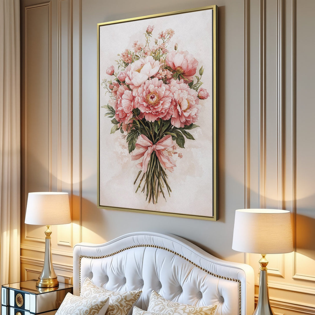 Canvas Print featuring a watercolor-style bouquet of pink peonies. Soft, romantic art in a blush and cream color palette, perfect for home decor.