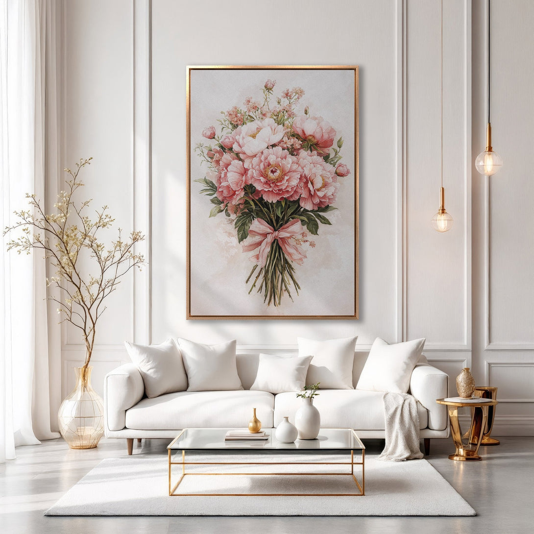 Framed Wall Art: Elegant floral canvas print in a modern living room. Features a blush pink bouquet on a neutral background, perfect for home decor.