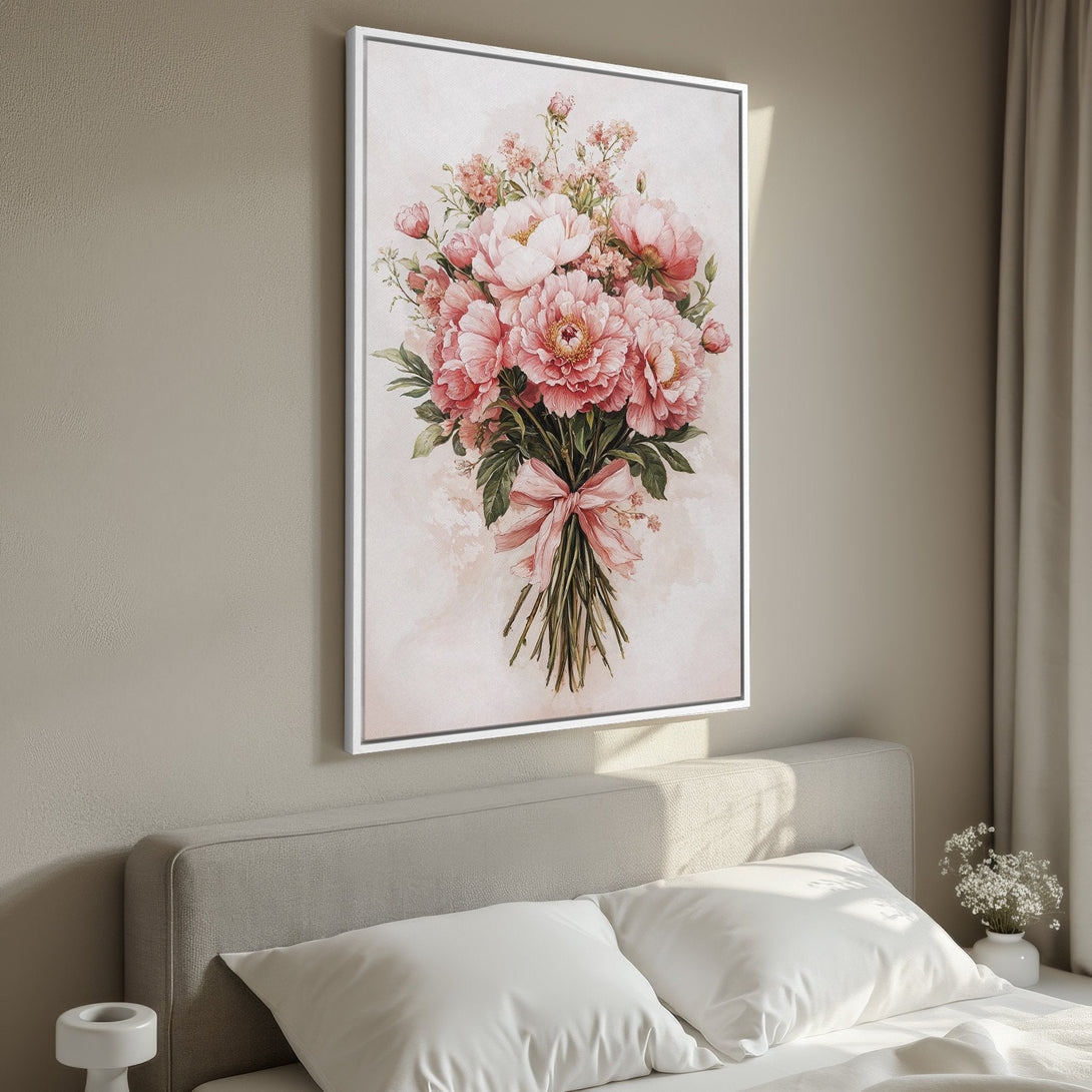 Framed Wall Art: Romantic floral bouquet canvas print in soft pink hues. Perfect bedroom decor, adding a touch of elegance and serenity to your space.